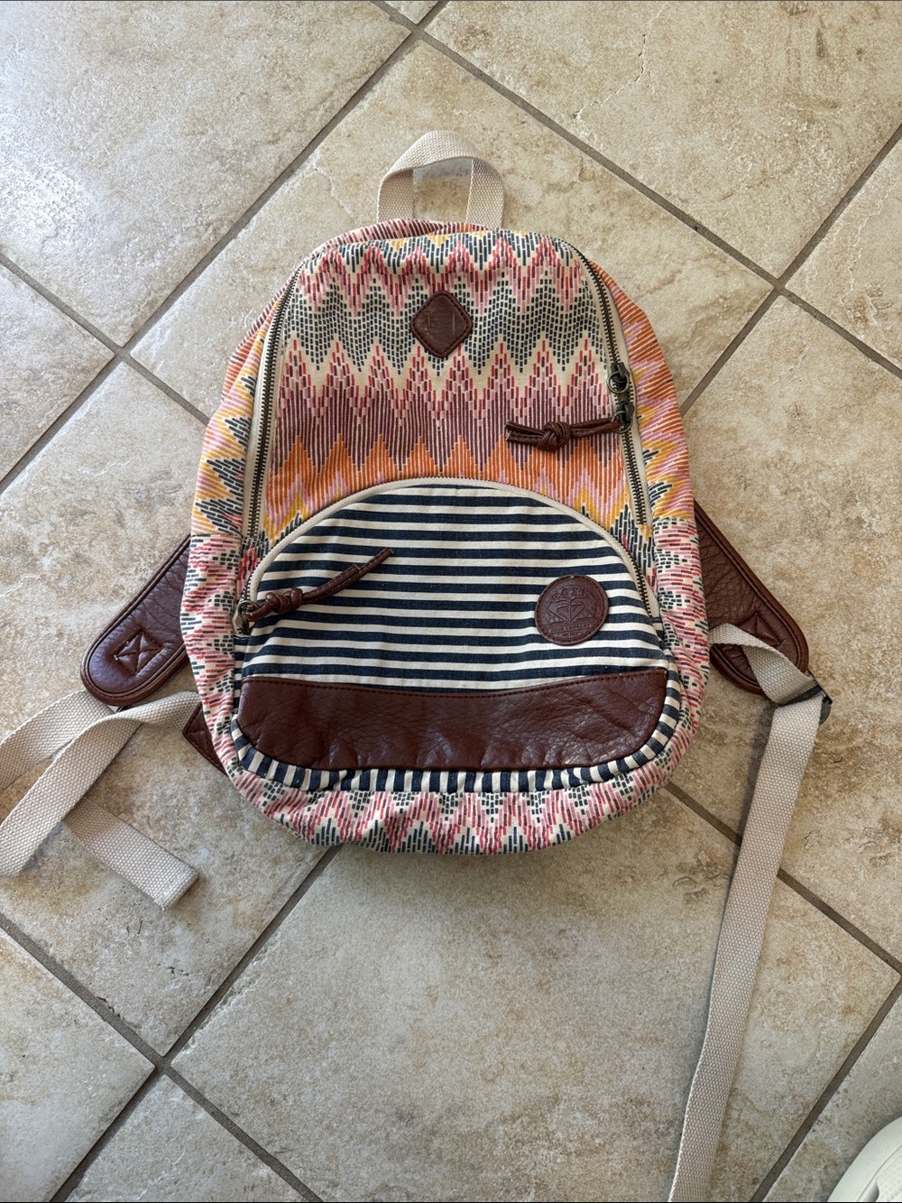Roxy Multicolor Aztec & Navy Striped Women’s Backpack with Brown Accents
